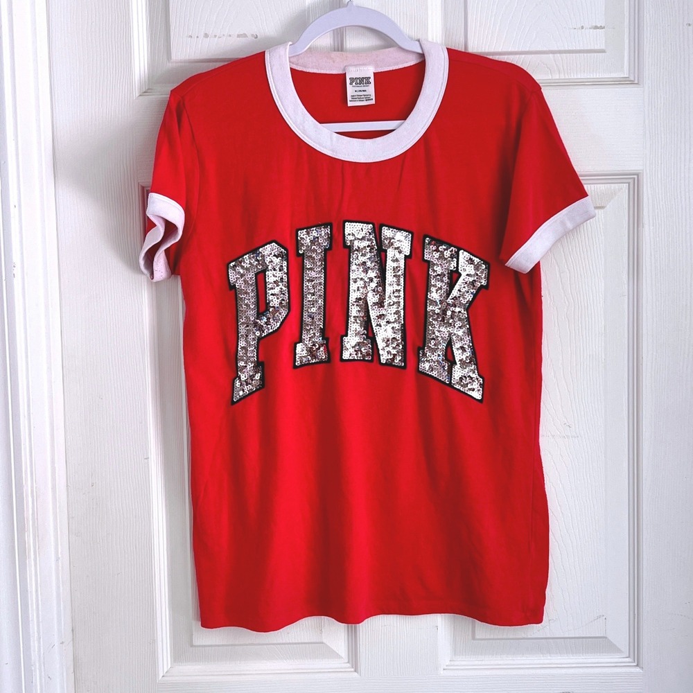 PINK Victoria's Secret Ringer Tee M Women Sequin Logo Red Y2K Sporty Sparkly